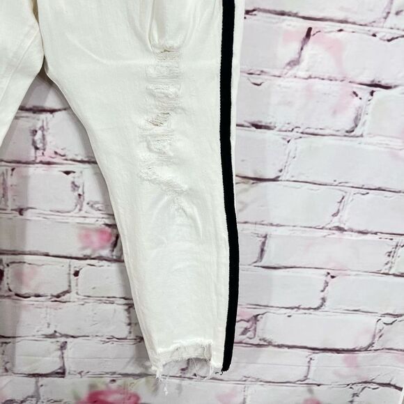 🔥🔥5 for $25🔥🔥 Express Mid-Rise Cropped Distressed White Black Side Stripe jeans - Picture 3 of 8